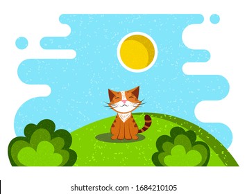 Ilustración vectorial de verano con un lindo gato. Gato en el césped. Elemento de diseño para impresión, embalaje, póster, postal.