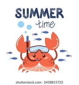 Vector summer illustration with a cute crab in a scuba diving mask. A postcard with the underwater world and the inscription - summer time. Graphic children's print