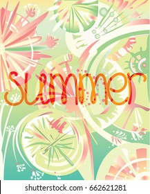 Vector summer illustration with dandelions on green background with sign
