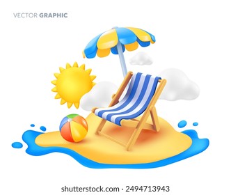 Ilustración de verano de Vector de la tumbona con la sombrilla y la bola de la playa en la isla soleada en el fondo del mar. Diseño de dibujos animados de estilo 3d de vacaciones de verano. Tiempo para viajar de vacaciones con sol para el Anuncio de Web