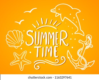 Vector summer illustration with dolphin, starfish, shell, sea anchor, text and wave on gradient yellow background. Hand draw line art design for web, site, card, poster