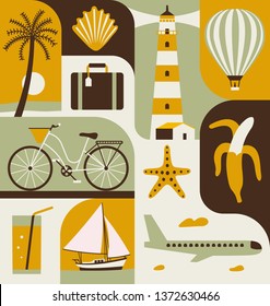 Vector summer illustration, flat icon set, travel poster, background. Palm tree, luggage, shell, lighthouse, aerostat, bicycle, starfish, banana, cocktail, boat, plane.