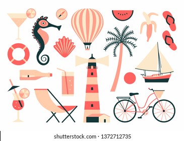 Vector summer illustration, flat icon set, white background. Travel collection. Cocktail, seahorse, balloon, shell, watermelon, compass, banana, flip flops, boat, palm tree, bicycle, lighthouse, chair