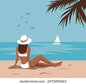 Vector summer illustration flat style, tourism, woman on vacation, girl sunbathing on the beach, swimming in the sea, ocean. Postcard, banner, template for social media, website