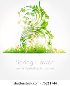 Vector summer illustration of floral ornament with flowers, grass and ladybird. eps 10.