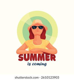 Vector summer illustration with a girl in a hat and sunglasses on a white background.
