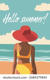 Vector ilustración de verano Chica en la playa en un sombrero rojo y traje de baño amarillo. Sin cara. Vista posterior. Chica bronceada. Caminar sobre el mar. Vector tarjeta de felicitación Anuncio de póster con lugar para texto