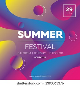 Vector summer illustration with gradient blue, pink, purple, yellow, abstraction, poster, banner, flyer, inspired by the disco music of the 80s, 3d background, summer party. Night club, beach