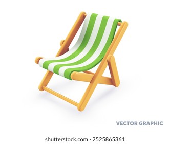 Vector summer illustration of green striped beach chair with shadow on white background. 3d style cartoon design of summer wooden folding deck chair for pool for web, site, banner, menu, card