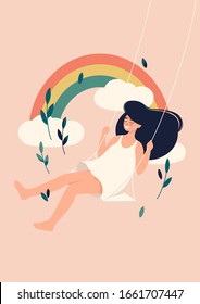 Vector summer illustration of happy brunette woman swings on a swing bench on rainbow background in flat style 