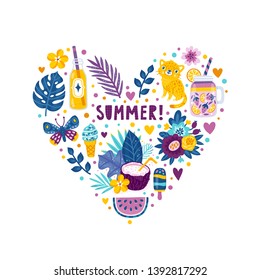 Vector summer illustration with heart from bright elements: coconut drink, orange juice, smoothie, jaguar, ice cream, watermelon, exotic plants. Poster with cute cartoon character and text "summer".