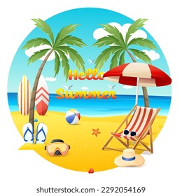 Vector summer illustration Hello Summer Summer beach vector design on the seashore with umbrella and chair. Summer background vector illustration for beach holidays