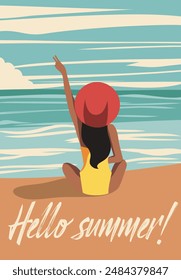 Vector summer illustration Hello summer, vacation, girl on the beach. No face. Back view. Tanned girl. Walk on the sea Vector greeting card poster banner with place for text