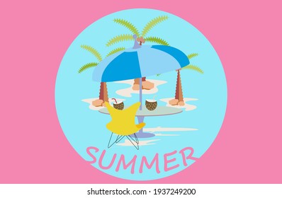 vector summer illustration (summer holidays, palms, sun umbrella, beach)