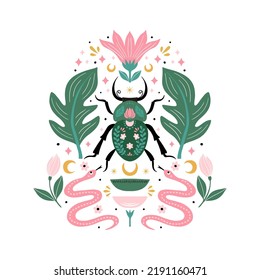 Vector summer illustration with horned beetle, snake, flower, moon.  Symmetry folk art style drawing. Isolated on background.