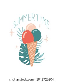 Vector summer illustration with ice cream, monstera leaf and lettering 'Summertime'. For print, poster and card.