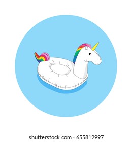 Vector summer illustration with an inflatable floating unicorn in the water.