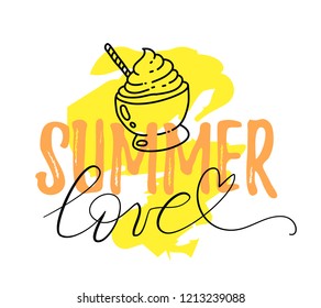 Vector summer illustration of inscription summer love with line art style sweet ice cream on white and yellow background. Web, site, card, poster text design