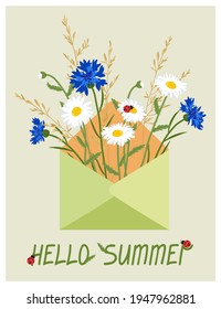 Vector summer illustration with an inscription on an isolated background. Beautiful daisies, cornflowers,herbs in the envelope will become a postcard, a print, a sticker, an element of gift packaging.