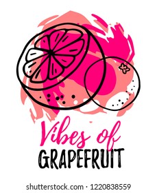 Vector summer illustration of juicy grapefruit with text on bright red background. Line art style design of citrus fruit for poster, greeting card, print, tshirt