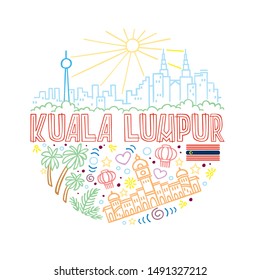 Vector summer illustration of Kuala lumpur. Round pattern with symbols and landscape of Kuala lumpur with isolated elements. Can be used as a sticker, print for t shirts