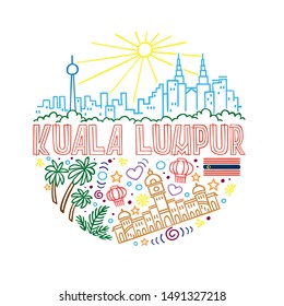 Vector summer illustration of Kuala lumpur. Round pattern with symbols and landscape of Kuala lumpur with isolated elements. Can be used as a sticker, print for t shirts