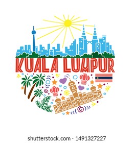 Vector summer illustration of Kuala lumpur. Round pattern with symbols and landscape of Kuala lumpur with isolated elements. Can be used as a sticker, print for t shirts