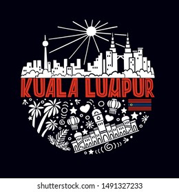 Vector summer illustration of Kuala lumpur. Round pattern with symbols and landscape of Kuala lumpur with isolated elements on dark background. Can be used as a sticker, print for t shirts