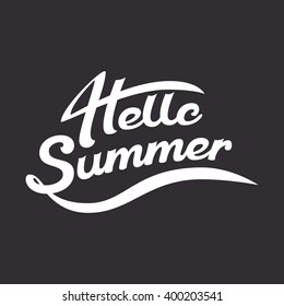 Vector summer illustration, summer lettering is hand drawn, white letters on a dark background, Hello summer, summer greeting, summer logo and summer emblem for print and typographic design