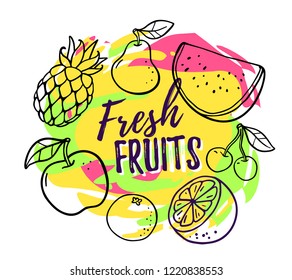 Vector summer illustration of many juicy fruit with text on bright colorful background. Line art style design of fruit for poster, greeting card, print, tshirt