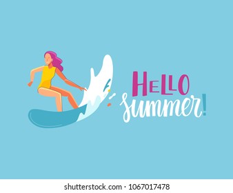 Vector summer illustration in modern trendy flat linear style - happy girl surfing - young character riding surf board - print for t-shirt, poster, card with hand-lettering hello summer