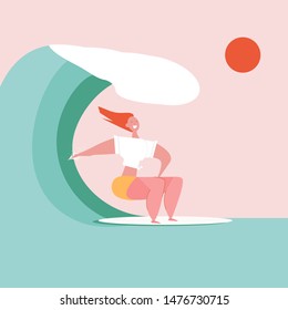 Vector summer illustration in modern trendy flat simple style. Happy girl surfing. Young character riding surf board. Print for web banner, poster, card 