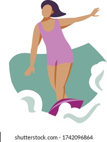 Vector summer illustration in modern trendy flat linear style - happy girl surfing - young character riding surf board