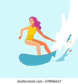 Vector summer illustration in modern trendy flat linear style - happy girl surfing - young character riding surf board - print for t-shirt, poster, card
