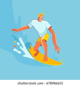 Vector summer illustration in modern trendy flat linear style - happy guy surfing - young character riding surf board - print for t-shirt, poster, card