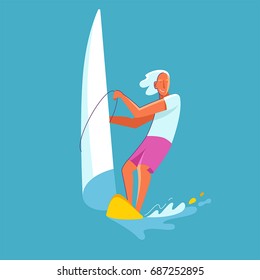 Vector summer illustration in modern trendy flat linear style - happy guy windsurfing - print for t-shirt, poster, card