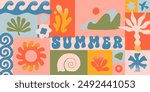 Vector summer illustration with nature organic shapes,doodles.Groovy boho palm,beach,surf,waves,sun,seashells graphic symbols and elements.Summer vacation background in simple funny style.