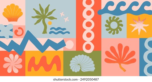 Vector summer illustration with nature organic shapes,doodles.Groovy boho palm,beach,surf,waves,sun,seashells graphic symbols and elements.Summer vacation background in simple funny style.