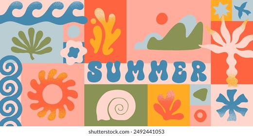 Ilustración de verano de Vector con Formas orgánicas de la naturaleza, garabatos. Groovy palma boho, playa, surf, olas, sol, conchas gráficas y Elementos. Fondo de vacaciones de verano en estilo simple divertido.