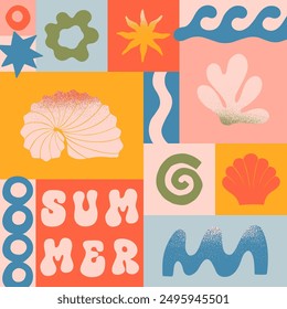 Vector summer illustration with nature organic shapes,doodles.Groovy boho palm,beach,surf,waves,sun,seashells graphic symbols and elements.Summer vacation background in simple funny style.