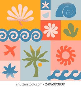 Vector summer illustration with nature organic shapes,doodles.Groovy boho palm,beach,surf,waves,sun,seashells graphic symbols and elements.Summer vacation background in simple funny style.