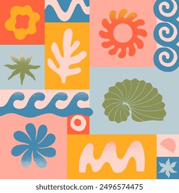Vector summer illustration with nature organic shapes,doodles.Groovy boho palm,beach,surf,waves,sun,seashells graphic symbols and elements.Summer vacation background in simple funny style.