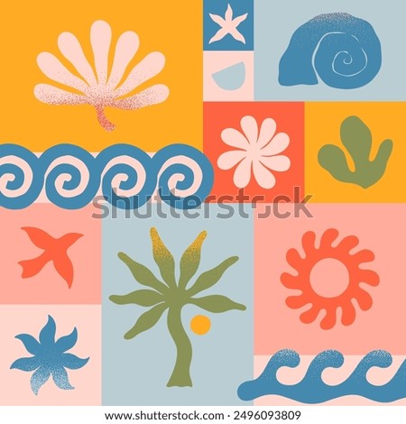 Vector summer illustration with nature organic shapes,doodles.Groovy boho palm,beach,surf,waves,sun,seashells graphic symbols and elements.Summer vacation background in simple funny style.