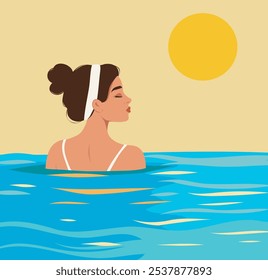 Vector summer illustration on the theme of tourism and travel, girl woman on vacation, swimming in the pool, sea. Vacation on the beach