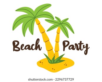 Vector summer illustration with palm tree, and Beach Party text. Two palm trees on the beach and summer lettering. Summer holiday. Exotic summer landscape with palm trees.