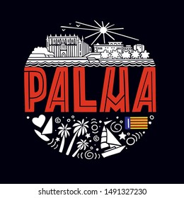Vector summer illustration of Palma,  Spain. Round pattern with symbols and landscape of Palma with isolated elements on dark background. Can be used as a sticker, print for t shirts