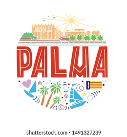 Vector summer illustration of Palma,  Spain. Round pattern with symbols and landscape of Palma with isolated elements. Can be used as a sticker, print for t shirts