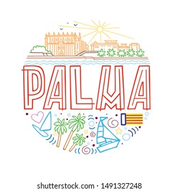 Vector summer illustration of Palma,  Spain. Round pattern with symbols and landscape of Palma with isolated elements. Can be used as a sticker, print for t shirts