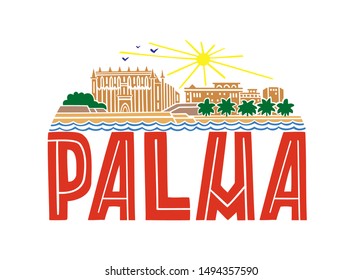 Vector summer illustration of Palma,  Spain. Half round pattern with landscape of Palma. Can be used as illustration for articles, as a sticker, print for t shirts and cups