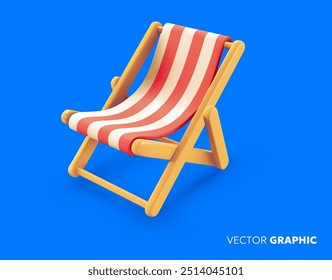 Vector summer illustration of red striped beach chair with shadow on blue background. 3d style cartoon design of summer wooden folding deck chair for pool for web, site, banner, menu, card